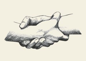a sketched image of two hands shaking indicating cooperation after acupuncture treatment