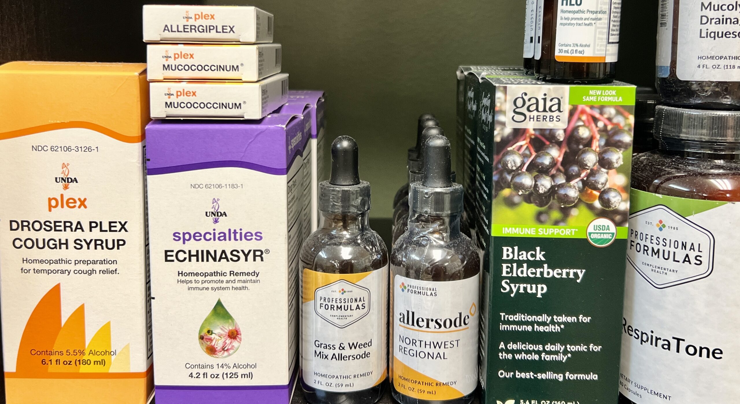 herbal tinctures and homeopathic remedies on a shelf